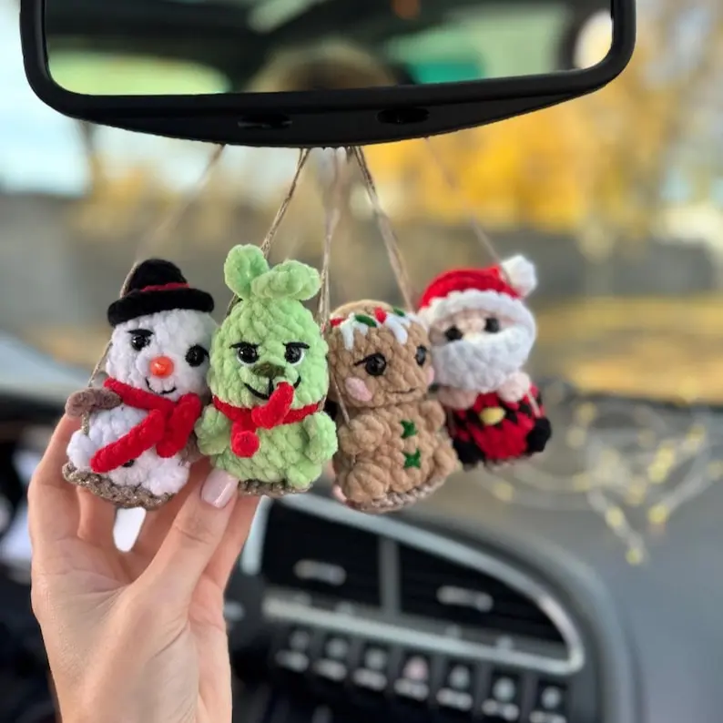 Christmas сar charm rear view mirror / Santa Claus Snowman man Deer crochet car hanger decor / Christmas gift