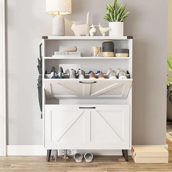 Vabches MDF Wood Slim Freestanding Shoe Rack Organizer - 2 Flip-Down Drawers, Removable Dividers, 2-Layer, Stable Antitip Kit, Open Cubby Top, Durable Heavy-Duty Hallway Storage Rack, Assembly Required