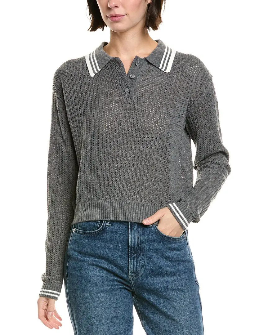 Femme Society Pointelle Wool-Blend Polo Sweater