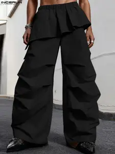 INCERUN Men's Two-Piece Pleated Curtain Patchwork Wide Leg Pants, Stylish Fold Design Long Trousers, Casual Fashion Trousers, Comfortable Casual Wear