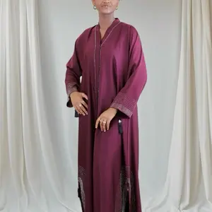 Ayesha's Collection Premium Turkish Abaya in Burgundy - Luxurious Nida Fabric, V-Neck Design, Rhinestone Detailing, All-Season Comfort