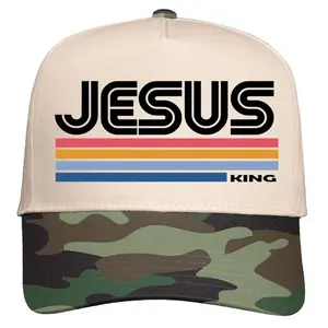 Retro Jesus King Christian Jesus IS King Christ Faith Five-Panel Snapback Cap Hat with Camo Brim and Colorful Stripes Design