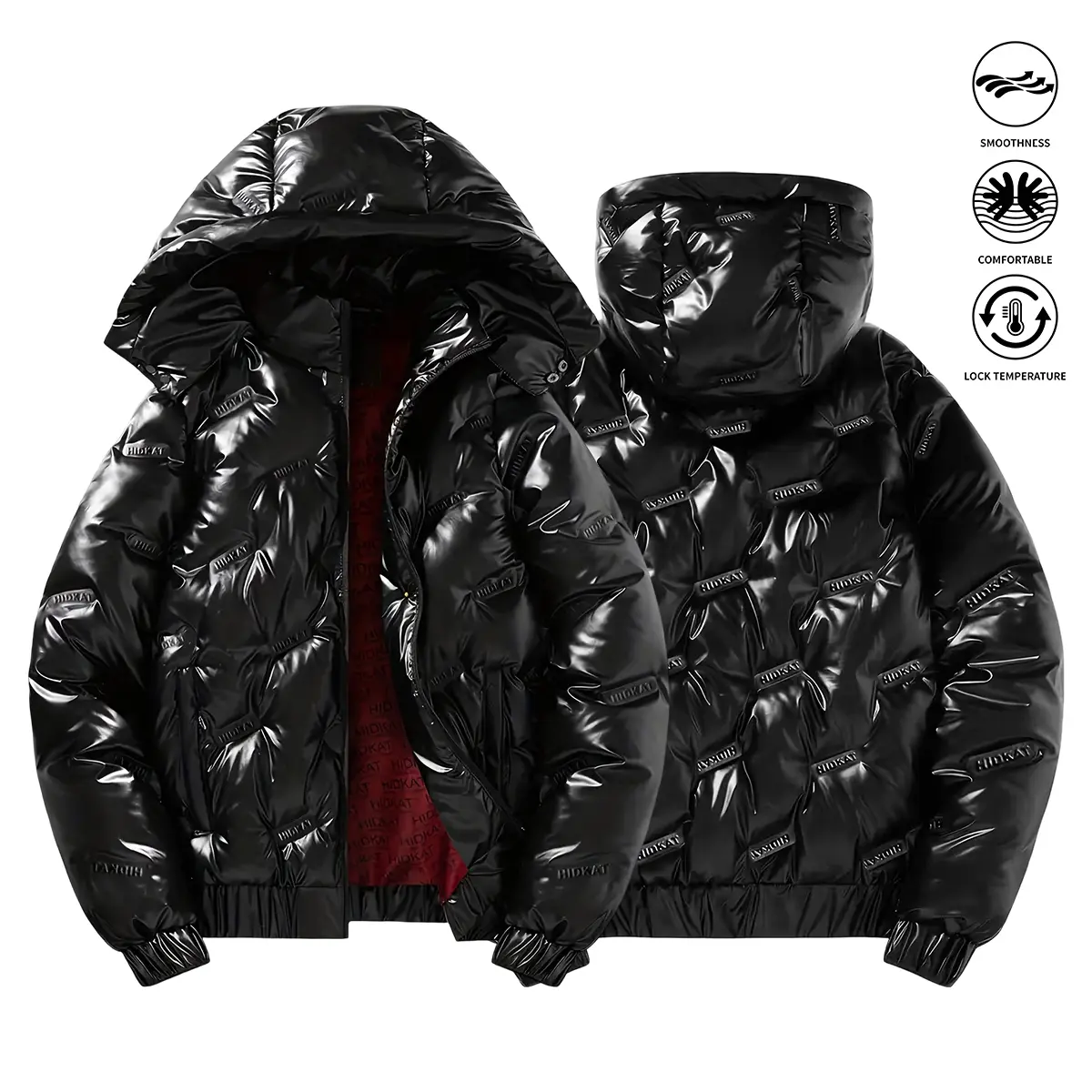 Men's Heavy-Duty Thermal Insulated Winter Jacket with Hood - Full-Zip Cold Weather Coat, Glossy Black & Polyester Fill for Outdoor, Casual, Casual Attire - Hand Washable Winter Outerwear