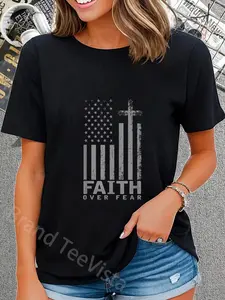 100% Cotton Unisex America Pride US Flag Faith Over Fear Prayer T-Shirt Graphic Casual Round Neck Tee