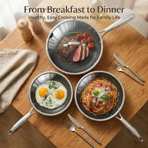 Professional Series Nonstick Stainless Steel Frying Pan Set with Glass Lids (8”/10”/12”) – Easy Clean, Oven Safe, All Cooktops, Made for Healthy Family Meals