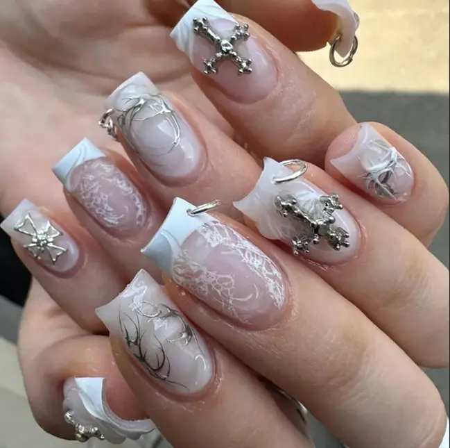 Handmade Square Flare Press On Nails | White Lace Pattern Fake Nails | 3D Silver Cross & Piercing Ring False Nails | Reusable Goth Y2K Nail Art | Edgy Alternative Statement Manicure
