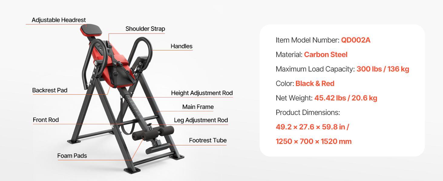 VEVOR Inversion Table, 300 lbs Capacity Heavy Duty Inverted Table, Back Inverter Stretcher with Dual-Roller Locking, Decompression Tables for Shoulders, Neck, Back, Multi-Angle Adjustable Tether Strap
