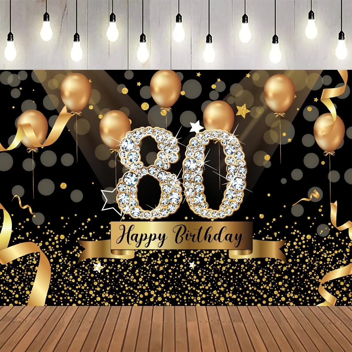 1 piece of 2D flat banner, "Happy 80th Birthday" background with gold balloons, photography background for 80th birthday, black and gold party background, diamond-shaped 80th birthday photo banner