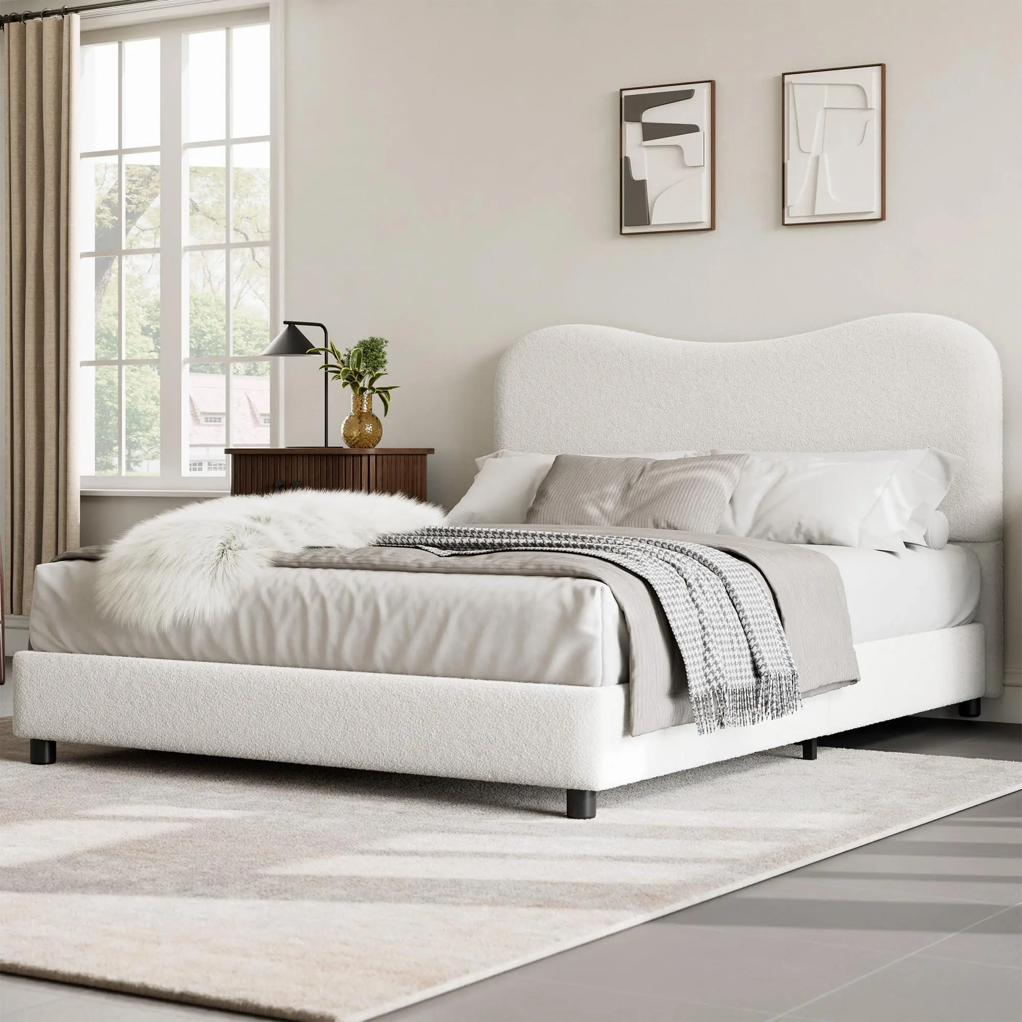 White Boucle Queen Bed Frame with Upholstered Headboard, Soft Low Profile Sturdy Platform Bed with Rounded Corners Design, Heavy Duty, Wooden Slats, Noise Free, No Box Spring Needed