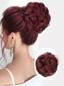 Wave Curl Hair Bun Clip-In Extension, Synthetic Puffy Ponytail Fake Hair Piece, Wine, Perfect for Christmas, New Year, Carnival, Music Festivals