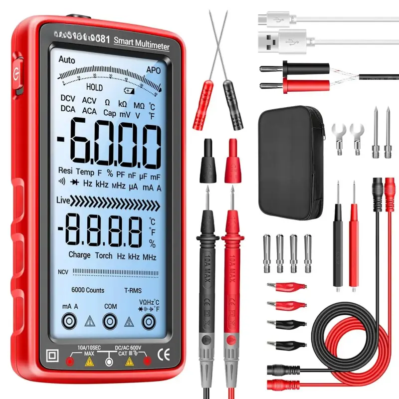 Compact Small Size Auto-Ranging TRMS 6000 Counts Rechargeable Digital Multimeter Tester, Voltmeter for Measuring AC/DC Current, NCV, Ohm, Amp, Resistance, Diodes, Continuity, Capacitance, Temperature
