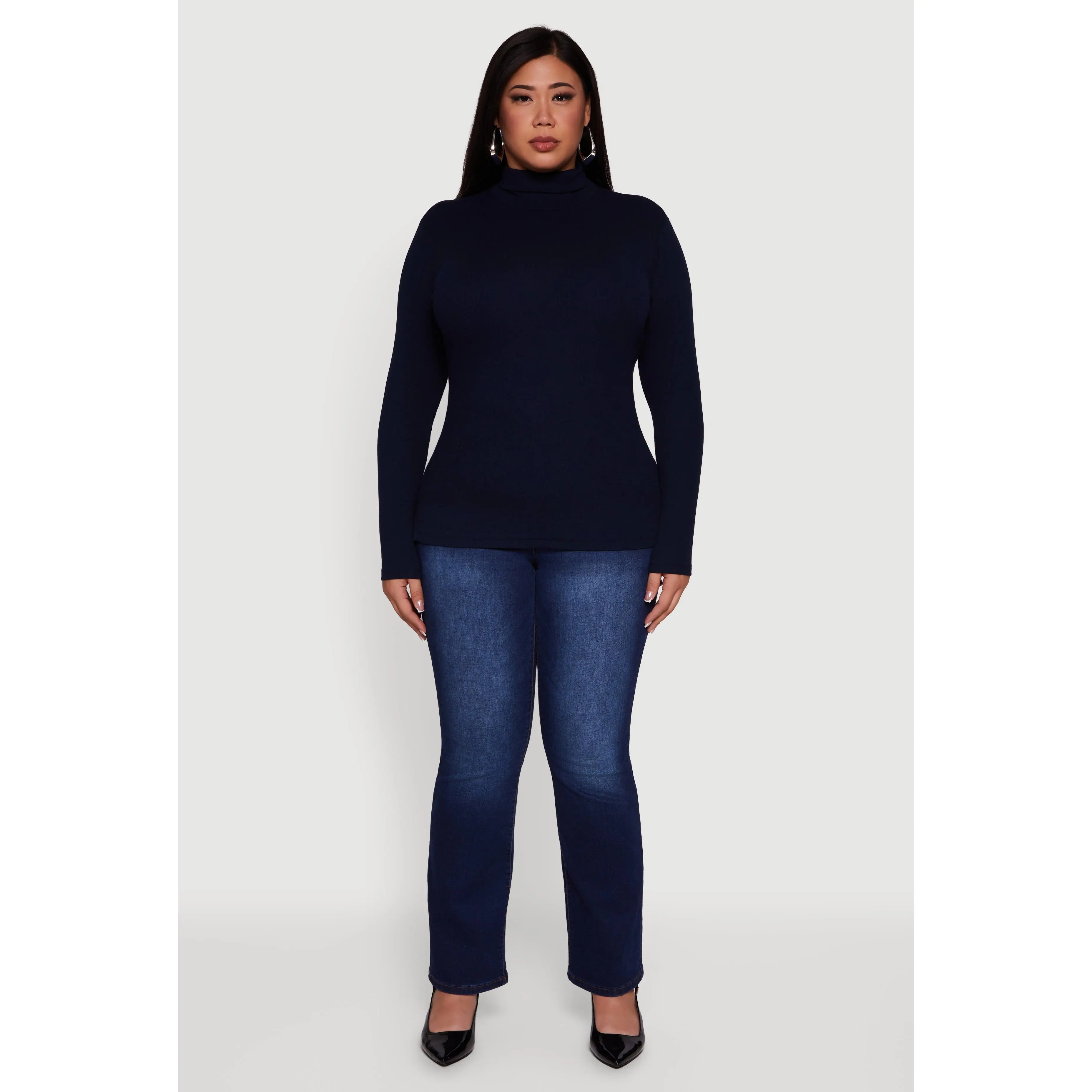 Plus Size Ribbed Knit Turtleneck Long Sleeve Top