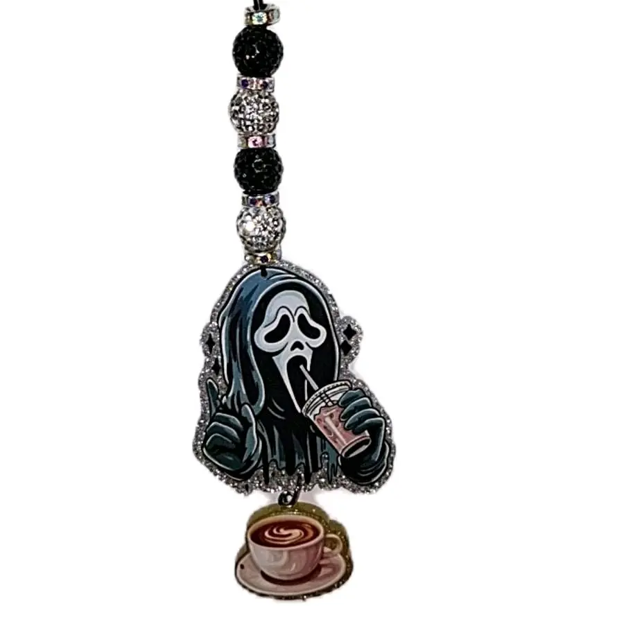 Coffee Ghostface  Bling Rearview Mirror Hanging Accessory , Car Accessories, Car Mirror Decor Decoration, Magnetic Clip