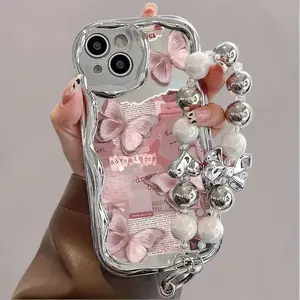 Silver Electroplated Curved Edge Pattern Phone Case with Pearl Bracelet Lanyard Design, Drop-Resistant, Durable, Unique Pattern, Compatible with iPhone 16 15 14 13 12 11 Pro Promax 16 15 14 plus Cute Fashion Thick Shockproof Phone Case