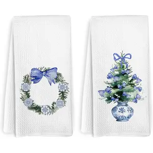 Chinoiserie Christmas Kitchen Towels Set of 2,  Christmas Bathroom Decor, Blue and White Tree Dish Towels, Blue Christmas Wreath Hand  Towels for Bathroom Kitchen, 16x24 Inch