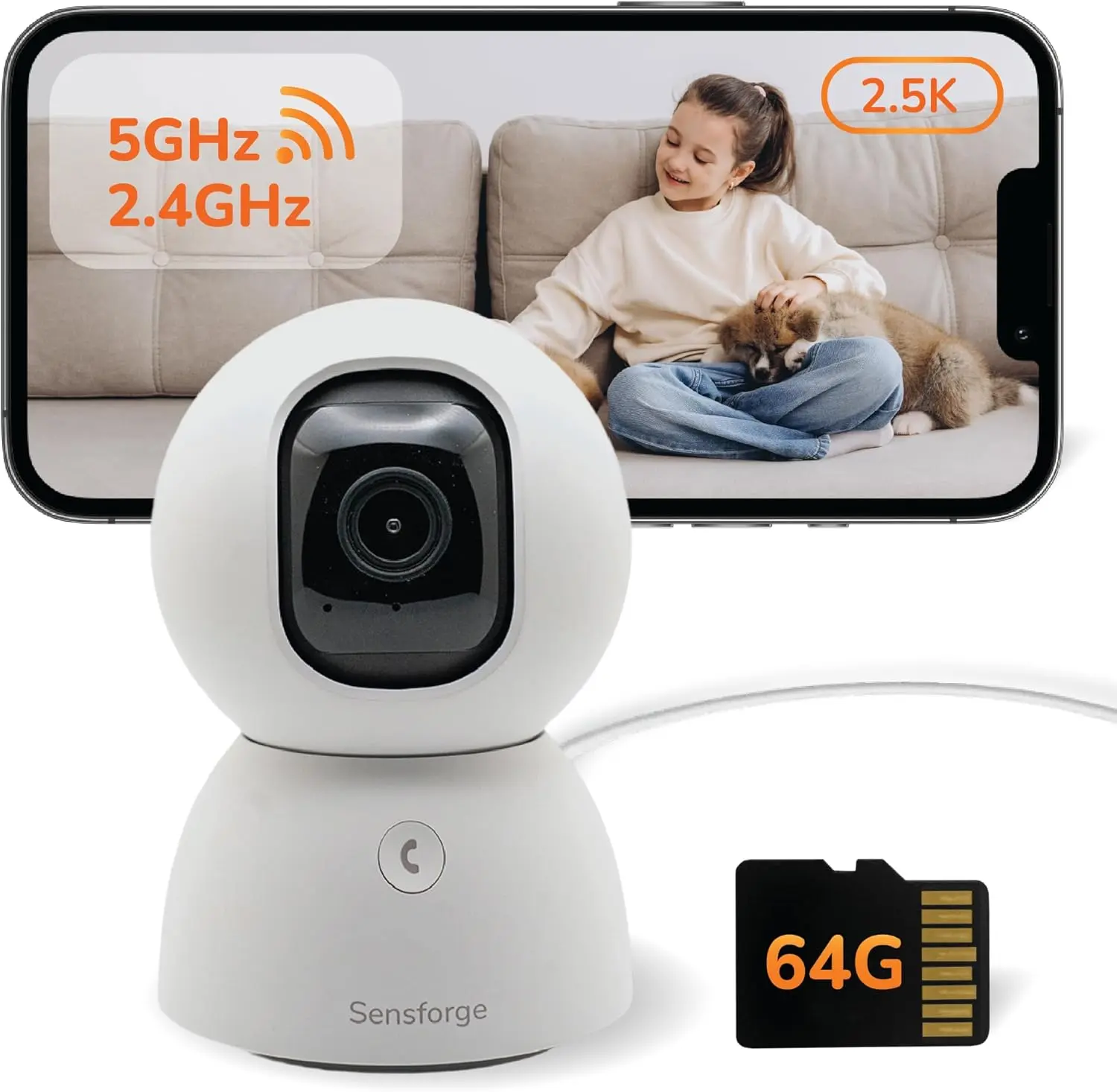 2.5K Indoor Pan-Tilt Security Camera, 360° Dual-Band 2.4/5GB Wi-Fi Camera for Home, Free AI Human & Pet Detection, 64GB SD Card Included, Two-Way Talk, No Subscription Required(1, White)