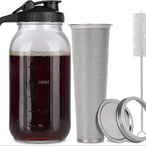 Cold Brew Coffee Maker Jar - 64oz Thick Glass Multipurpose Mason Pitcher Spout Lid with Handle & Stainless Steel Filter for Iced Coffee, Lemonade, Ice Tea, Homemade Fruit Drinks Container