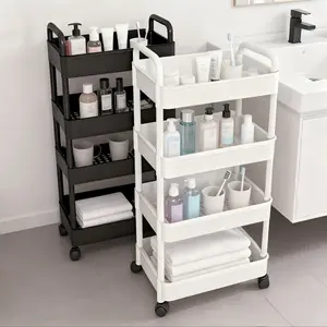 Multi-functional 3/4 Tier Rolling Storage Cart, Special Cosmetic Storage Rack with 360° Rotating Wheels, Durable Plastic Material & Thickened Pipes for Strong Load-Bearing, Slim Movable Rack with Side Handle, Black/White Optional, Bathroom Storage Rack