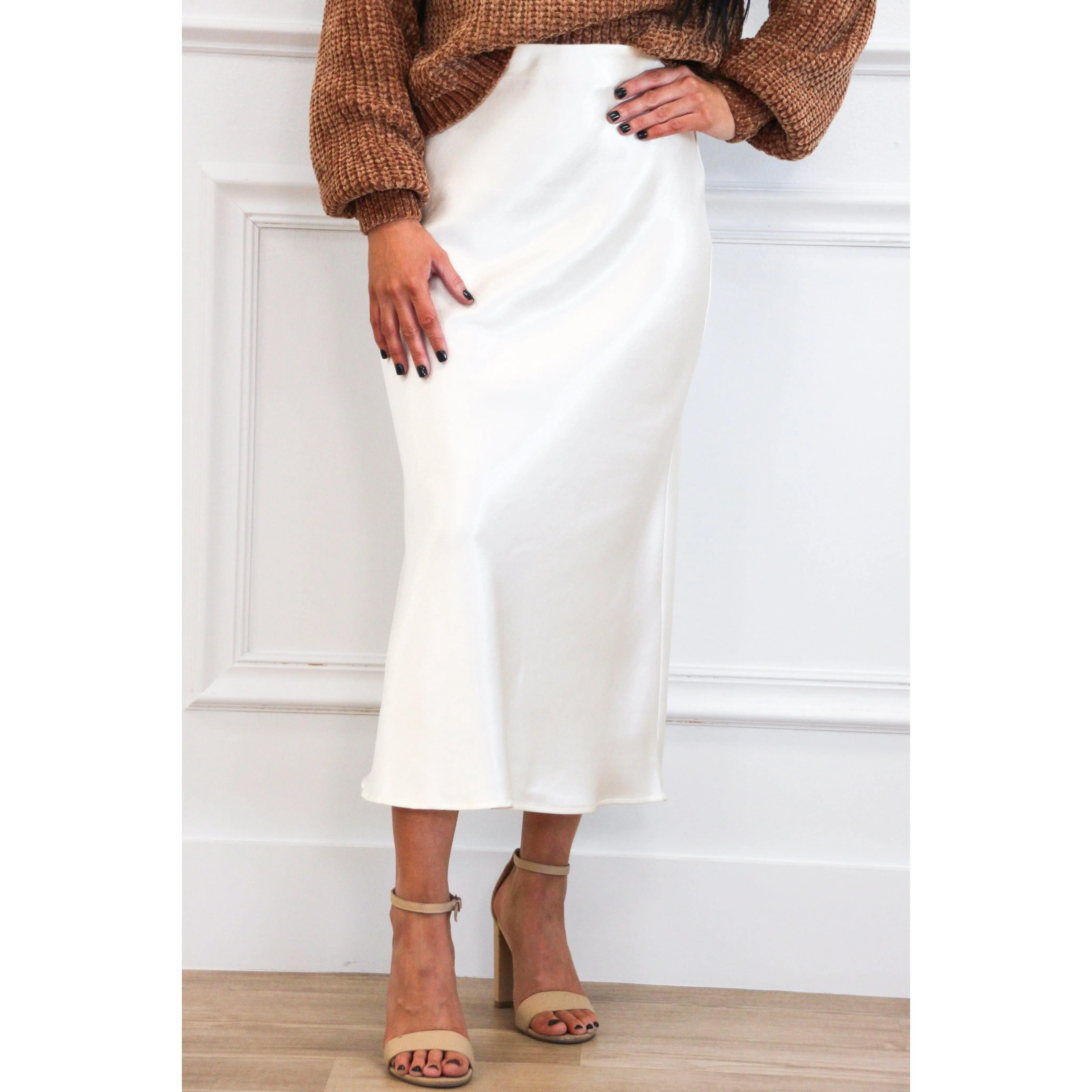 Maizie Satin Midi Skirt: Cream