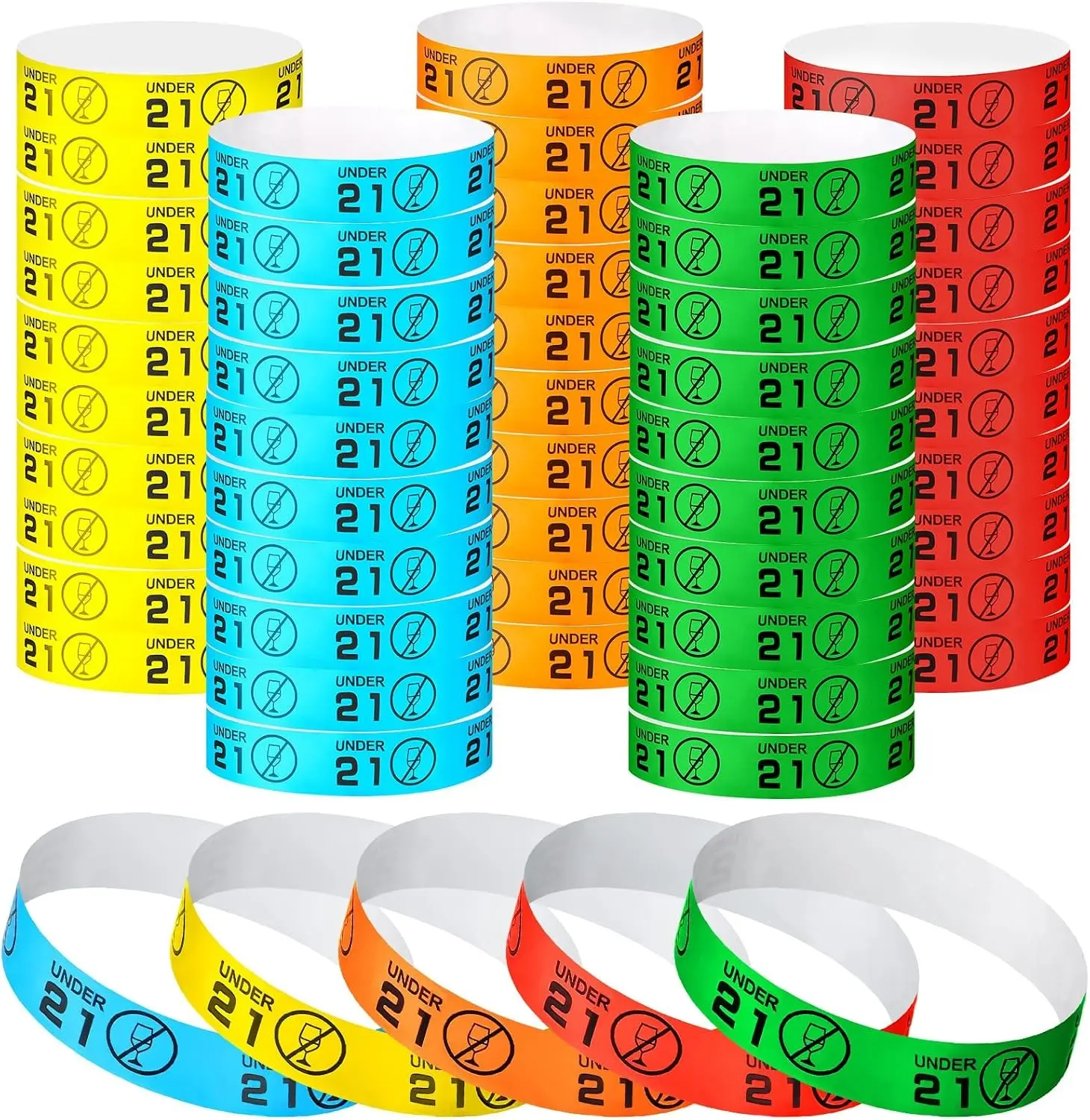 500 Pcs Under 21 Paper Wristbands Event Wristbands Colored Arm Wrist Bands Paper Waterproof for Bar Bachelorette Concert Party Identification Supplies Yellow Green Blue Red Orange(Under 21 Style)