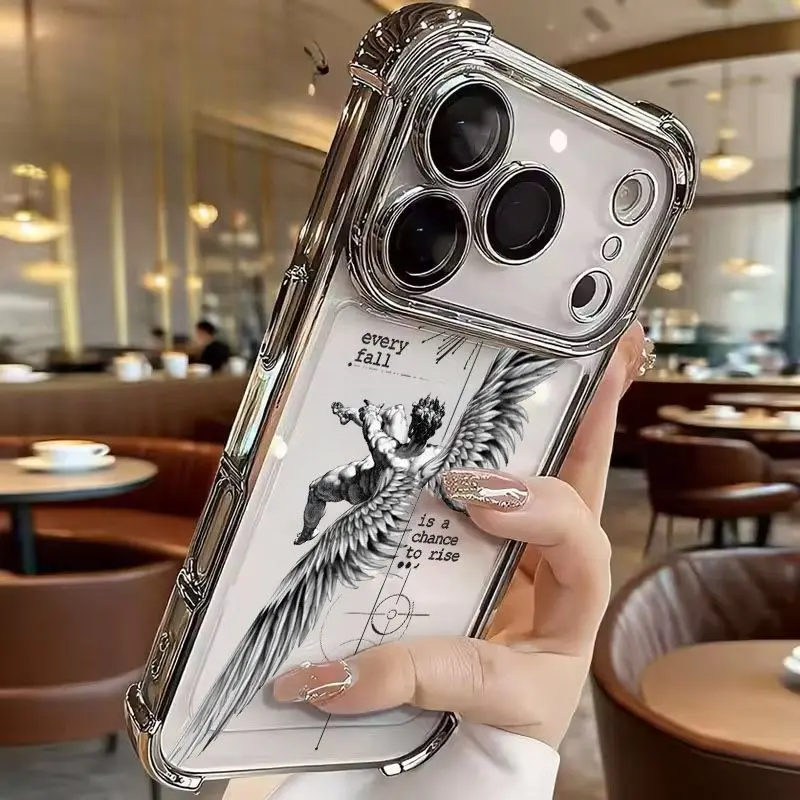 Transparent TPU protective case, dark aesthetic fallen angel wings and portrait art design, deep emotional patterns, shockproof protective shell, suitable for iPhone 17/16/15/14/13/12/11/X/XS/XS Max, is the perfect holiday gift for friends and family.,sum