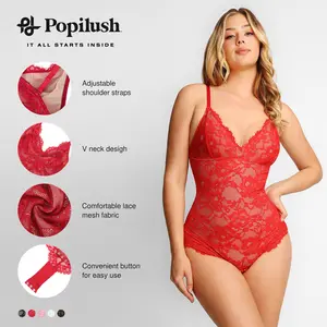 Popilush The Shapewear Bodysuit Lace Smooth Shapewear Bodysuits  Womenswear Tops Comfortable Basic Ruched Tummy Control Vneck