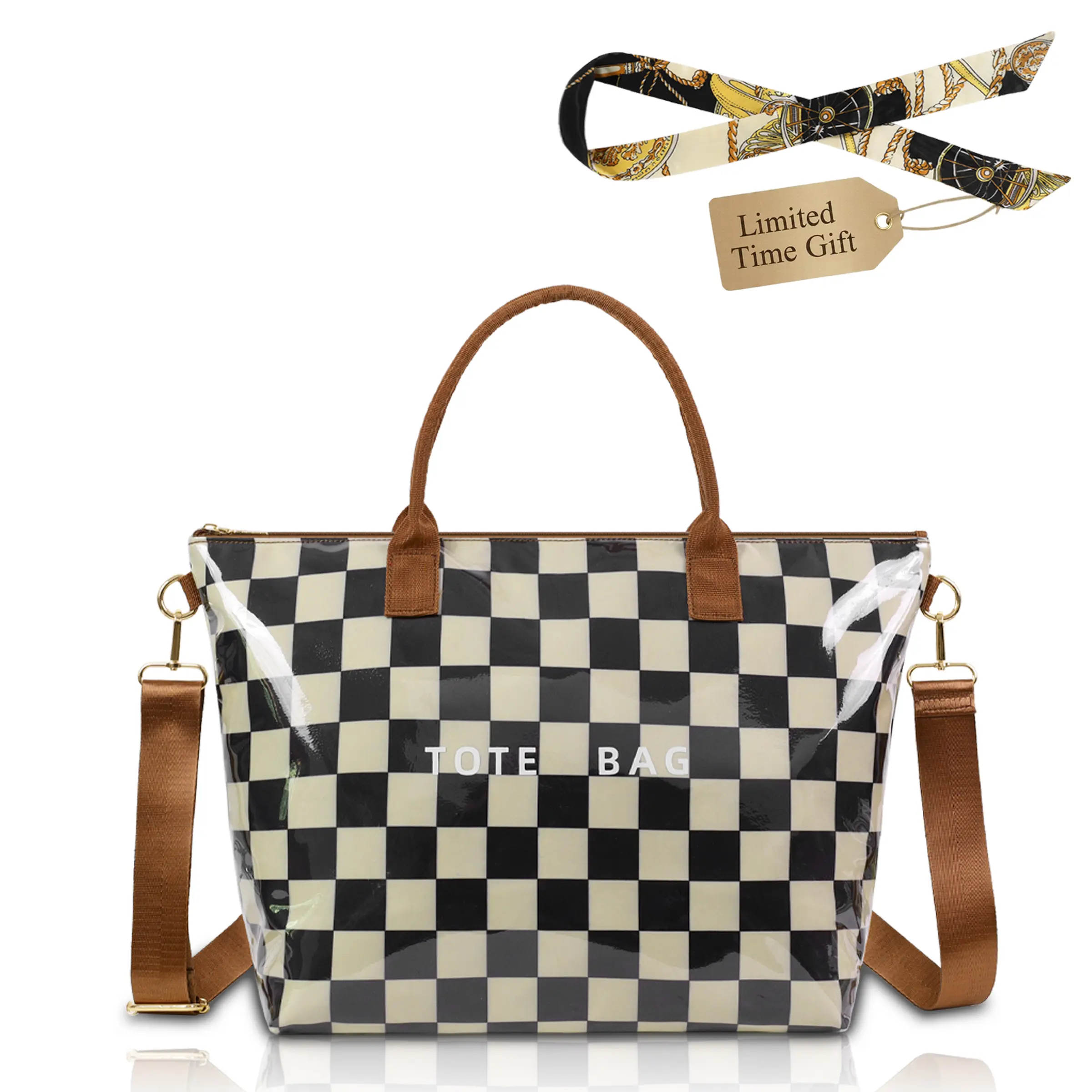 Women's Large Vintage Plaid PVC Tote Bag - Waterproof Fashion Patterned Practical Work Bag with Adjustable Long Strap, Ideal for Commuting & Everyday Purse, Fashion Patterned Bag