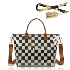 Women's Large Vintage Plaid PVC Tote Bag Waterproof Shoulder Shopping Bag with Adjustable Long Strap Perfect For Commuting