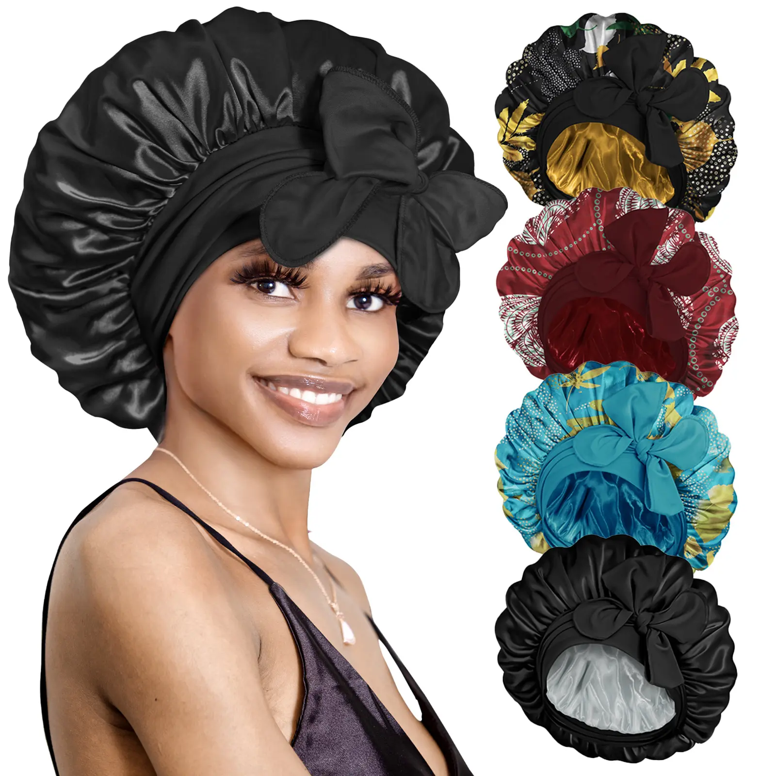 BONNET QUEEN 4 PCS Silky Satin Bonnets for Women, Extra Large Hair Wrap with Wide Band and Tie for Sleeping, Protects Braids, Dreadlocks & Overnight Curls, Waves, All Night, Breathable, Haircare, Heatless