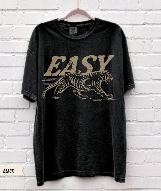 [Sale up to 50%] Comfort Colors Easy Tiger T-shirt - Casual Crew Neck, Long Sleeve, Graphic_Top Cotton Summer T Shirt Graphic Tee Comfy