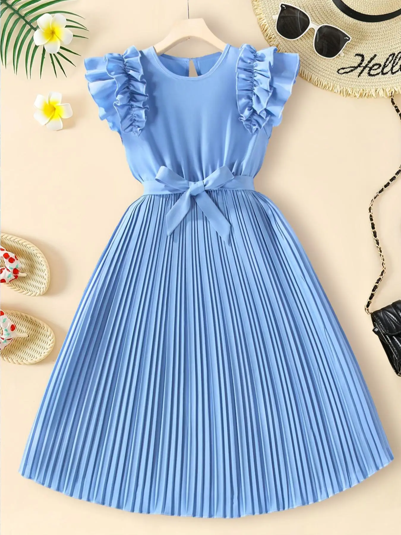 Girl's Solid Color Belted Dress, Casual Cap Sleeve Keyhole Neckline Dress for Summer, Kids Clothes for Daily Wear