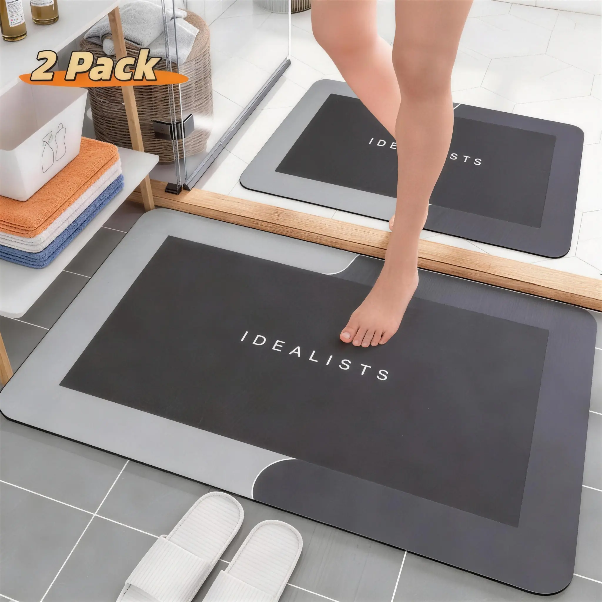 Father's Day gift-2PCS Non-Slip Quick-Dry Bathroom Mat Set – Ultra-Thin (0.1 in) Super Absorbent Rubber Base Bath Rug, Machine Washable, Fits Under Doors, Ideal for Bathtub, Shower, Sink, Home Decor Accessories (Soft, High Absorbency, Suitable for Hotels)