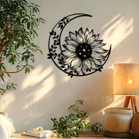 Sunflower & Moon Design Wall Art, Metal Wall Decor, Wall Hanging Decor for Home, Garden, Yard, Balcony, Living Room, Bedroom, Poster