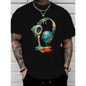 [100%25 Cotton] Headphone Graphic Tee with Dripping Color Effect, Merging Music Culture and Artistic Style, Perfect for Expressing Personal Taste, a Must - Have for Music Fans  Golf Gift T-Shirt For Men and Women