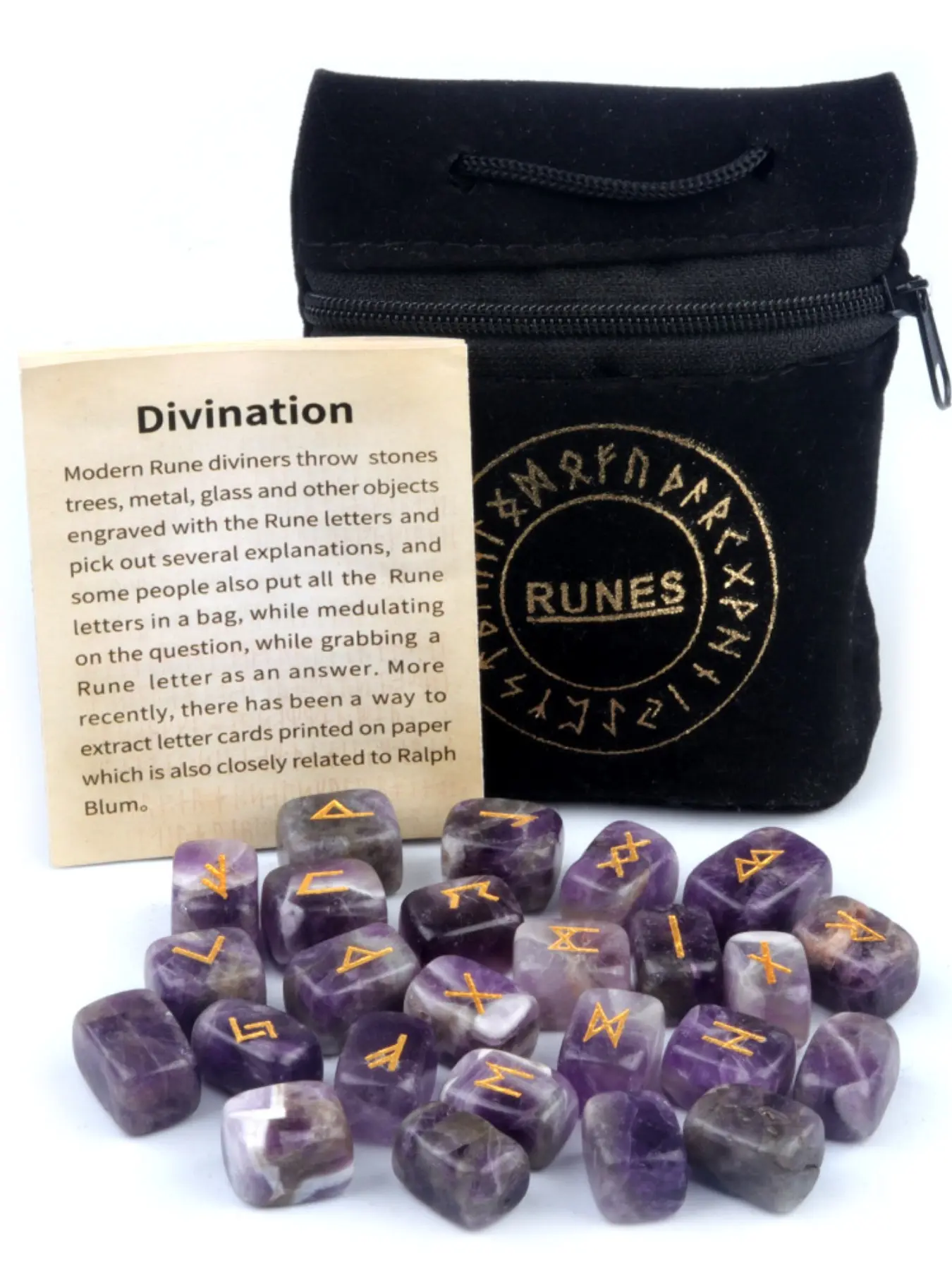 Natural Crystal Amethyst Rune Stone Set, Engraved Ancient Nordic Runes, Healing Crystals, Witchcraft Tools, Velvet Storage Bag, Ideal Gift, Natural Crystal Stones