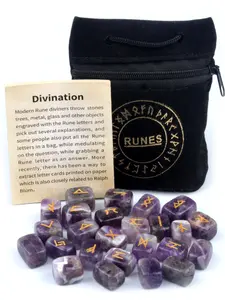 Natural Crystal Amethyst Rune Stone Set, Engraved Ancient Nordic Runes, Healing Crystals, Witchcraft Tools, Velvet Storage Bag, Ideal Gift