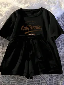 California Print Girl Summer Set, Short Sleeve T-Shirt with Fashion Pocket, Casual Shorts, Outdoor Wear, Started in 1987, Outfit