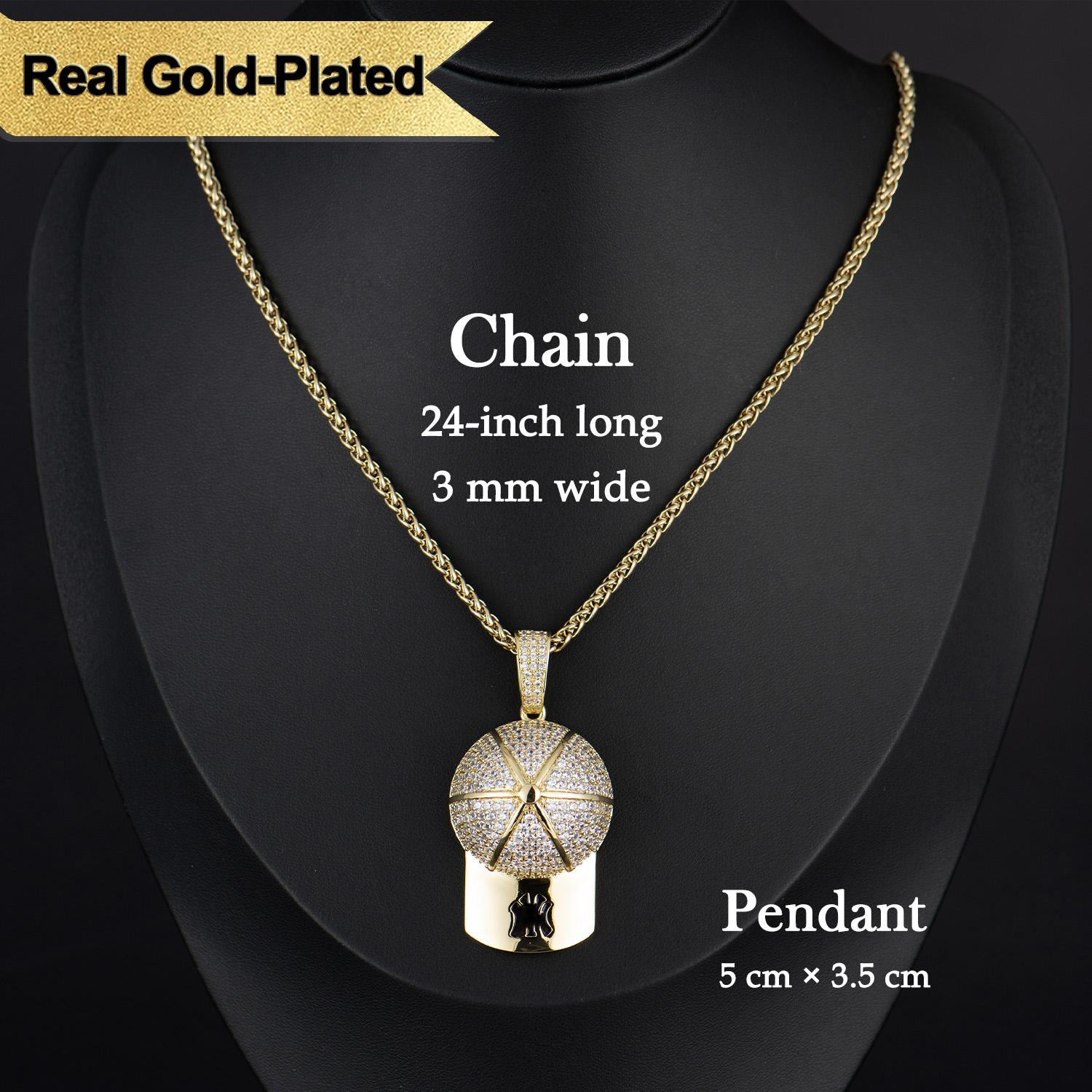 Holylegend 14K Real Gold-Plated Baseball Cap Pendant Necklace for Men and Women, Diamond-Cut Cubic Zirconia Charm, 24” Rolo Chain, Trendy Gold Plated Hip Hop Jewelry Gift