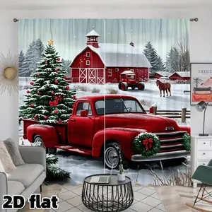 2D Flat 2Pcs Christmas Farm Red Truck Print Curtains Rod Pocket Design Semi Sheer Polyester Winter Snow Scene Farmhouse Style Panels Suitable for Living Room Bedroom Kitchen Window Treatment Holiday Decor Anti Privacy