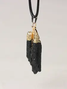 Black Tourmaline Crystal Pendant Necklace – Gold-Dipped Rough Gemstone, Protective Amulet on Black Cord