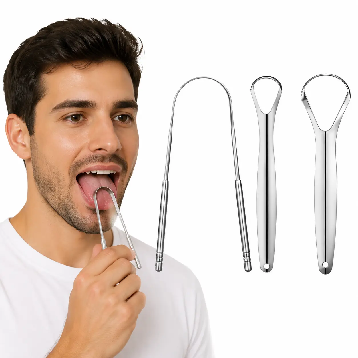 Durable Stainless Steel Tongue Cleaner Kit (3 Count), for Adult Daily Tongue Coating Removal, Ergonomic U-Shaped Tongue Scraper, Long-Lasting Oral Hygiene Accessory