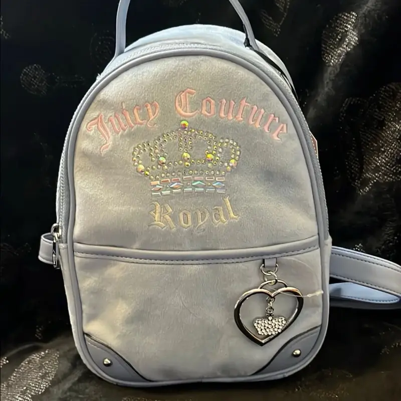 Juicy Couture Royal Mini Backpack with Rhinestone Crown and Heart Charm Silver Color