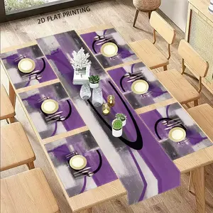 2D flat printing, set of 1 piece/4 pieces/6 pieces/5 pieces/7 pieces, farmhouse tablecloth and placemat, retro purple gray abstract art painting, suitable for kitchen, coffee table, family dinner, festival, party, wedding event decoration