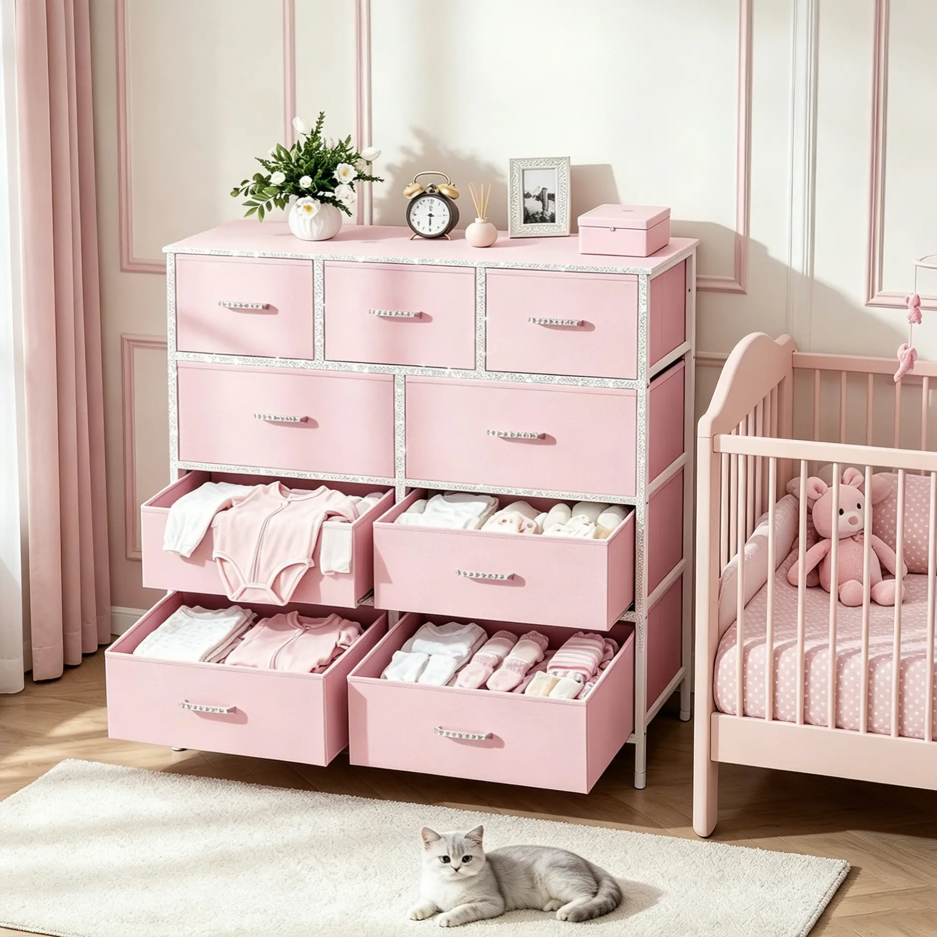 【Baby Dresser】9 Drawer Dresser for Bedroom, Changing Table Dresser with 9 Fabric Drawers, Baby Dresser with Storage for Nursery Modern Storage, Sturdy Metal Frame, Wood Tabletop for Guest Room, Closet, Entryway, Nursery