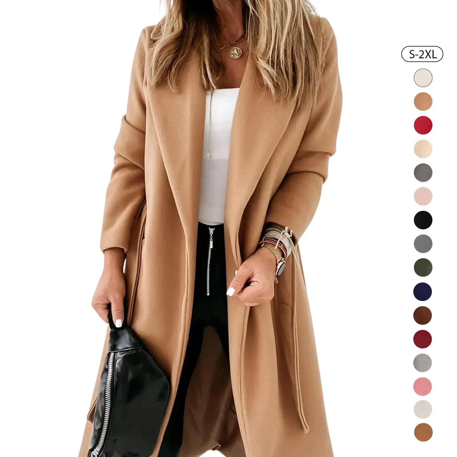 Tankaneo Womens Classic Coat Lapel Collar Open Front Belted Long Jacket
