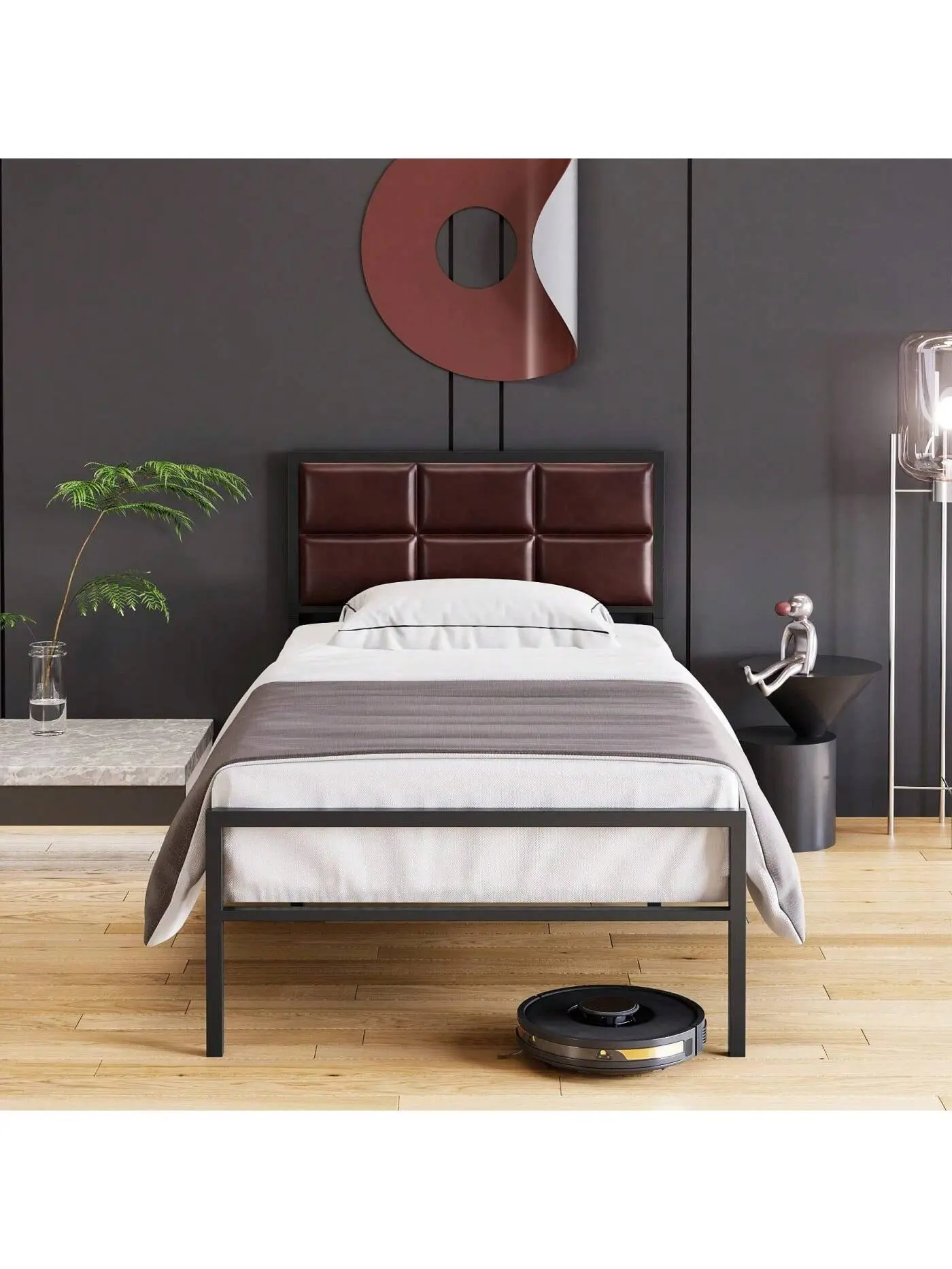 WhizMax Modern Full/Queen Size Faux Leather Platform Bed with Upholstered Headboard - Sturdy Metal Structure, Steel Slats Support, Optional Box Spring Compatibility, Easy Assembly - Red Brown Commercial Office Furniture Bed Frames, Modern Platform Bed