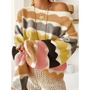 Autumn–Winter New Fashion Colorblock Wave Pattern Off-Shoulder Sweater, Casual Loose-Fit Women’s Knitwear, Stylish & Comfortable Design