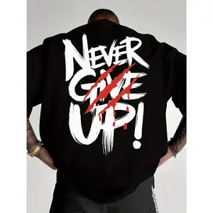 [Motivational T-Shirt] Motivational "NEVER GIVE UP!" T-Shirt - Black With Red Lettering