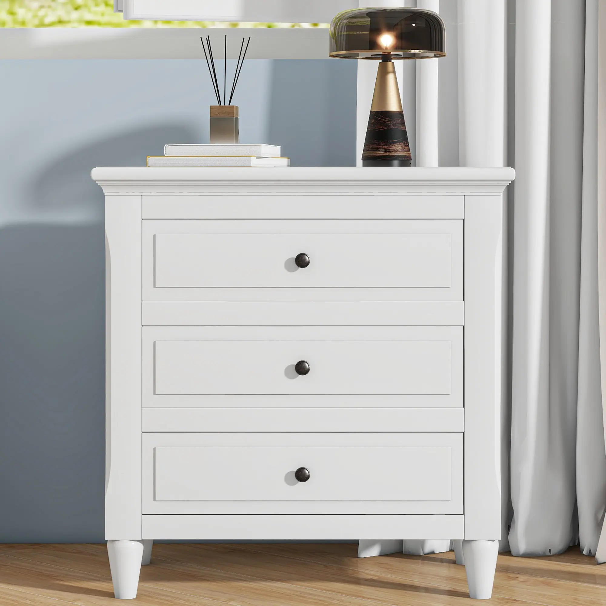 28-Inch MDF Nightstand with 3 Spacious Drawers, Quiet Smooth Slides, Minimalist Bedside Cabinet with Metal Handles, Premium Painted Surface, Rubber Legs, Side Table for Bedroom Office, Minimalist Decluttering