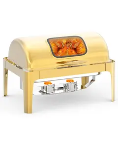 Roll Top Chafing Dish for Buffet, 9QT Retangle Stainless Steel Food Warmer Server with Visible Lid Water Pan Stand Fuel Holder Clip,for Parties, Birthday, Hotels and Weddings, Gold